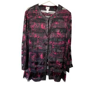 Chico's Wms Size 3 Silk Blend LS Sheer Striped Jacket Cardigan Blouse Evening XL